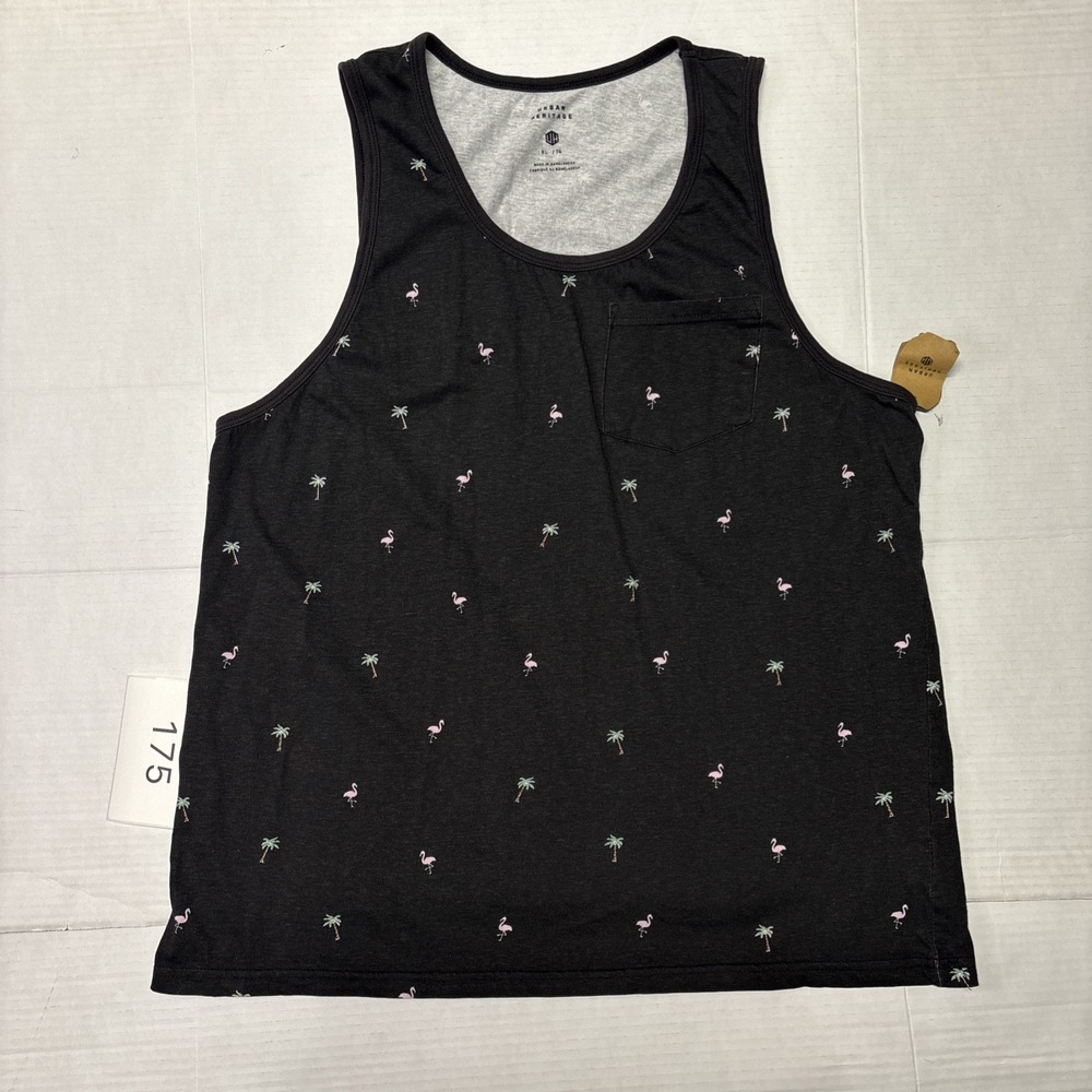 Urban Heritage Mens Tank Top XL Black Flamingo Palm Tree Print Pocket NWT